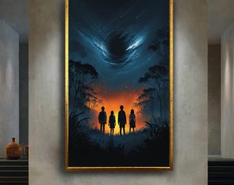 Mystery Sci Fi Canvas Wall Art, Silhouettes Facing Vortex in Forest Night Sky, Futuristic Space Fantasy Poster Home Decor
