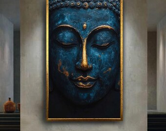 Blue and gold Buddha canvas wall art print, serene spiritual portrait print, zen meditation room decor for peaceful sacred spaces
