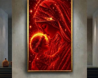 Virgin Mary and Child Red Celestial Canvas Wall Art, Sacred Christian Religious Print with Stars, Catholic Spiritual Cosmic Artwork