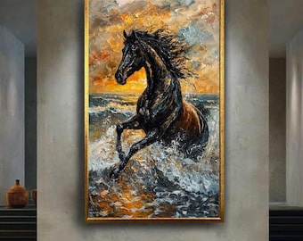 Black Horse Running in Ocean Waves Canvas Wall Art, Sunset Equine Artwork for Home Decor, Gift for Horse Lovers and Coastal Fans