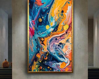 Colorful Abstract Canvas Wall Art with Blue Orange Yellow Fluid Painting, Modern Contemporary Acrylic Pour Artwork for Home Decoration