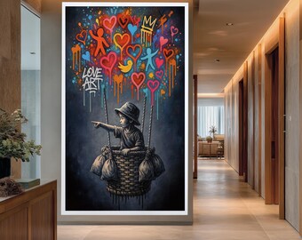 Banksy Balloon Canvas, Balloon Poster,Banksy Art, Graffiti Style Canvas Wall Art of Child in Basket with Love Symbols and Dripping Hearts