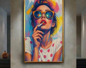 Retro Chic Woman Smoking Pop Art Print – Bold Colorful Abstract Portrait With Sunglasses And Polka Dots For Modern Wall Decor