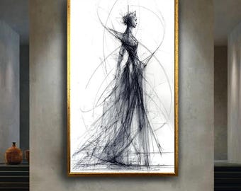 Elegant Fashion Sketch Line Art Canvas, Abstract Woman Silhouette Drawing Print, Minimalist Black and White Figure Wall Decor