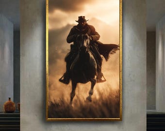 Cowboy Riding Horse at Sunset in Dust Storm, Dramatic Wild West Art Print for Rustic Home Wall Decor, Western Cowboy Poster
