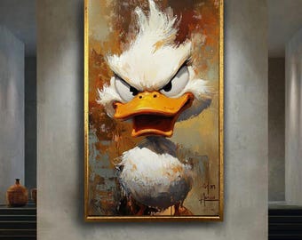Angry Duck Cartoon Art Print, Funny Animal Character Painting Poster, Whimsical Bird Illustration for Kids Room or Playful Wall Decor