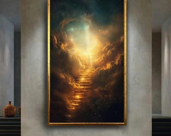 Heavenly Stairway Canvas Wall Art with Golden Light and Clouds – Spiritual Fantasy Dreamscape Print for Meditation or Inspirational Decor