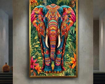 Colorful boho elephant canvas wall art print, vibrant Indian jungle decor with tribal floral patterns, spiritual animal artwork for home