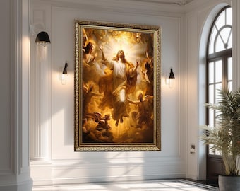 Ascension of Jesus Canvas Wall Art – Glorious Spiritual Poster with Angels and Divine Light, Inspirational Christian Religious Décor
