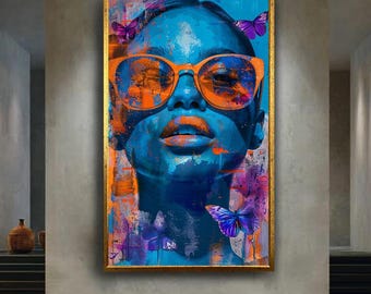 Modern Pop Art Woman Canvas Print Colorful Abstract Portrait Wall Art with Butterflies for Bold Home Decor or Artistic Gift Idea