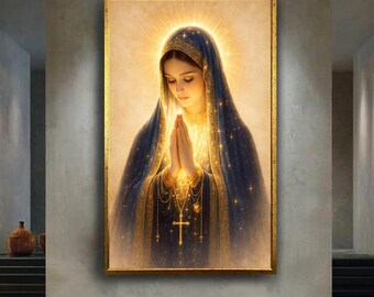 Glowing Virgin Mary Canvas Art – Sacred Blue and Gold Religious Wall Decor -  Virgin Mary Canvas Print