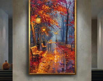 Romantic Autumn Park Canvas Wall Art Print with Street Lamps and Falling Leaves, Moody Fall Scene Artwork for Cozy Seasonal Home Decor