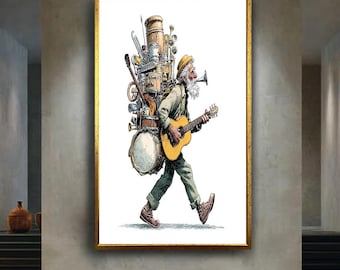 One Man Band Canvas Print, Vintage Musician Playing Multiple Instruments Wall Art, Whimsical Street Performer Home Decor for Musicians