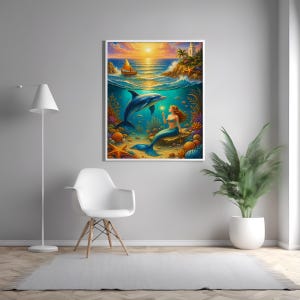 Impresión artística de fantasía oceánica de sirena y delfín, póster digital submarino colorido para habitación infantil, decoración de pared costera de cuento de hadas de vida marina