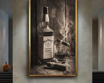 Whiskey and Cigar Wall Art Print in Rustic Sepia Tone, Vintage Bar Decor for Man Cave or Whiskey Lover Gift