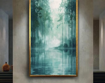 Misty Green Forest Canvas Wall Art Print with Calm Water Reflection, Minimalist Nature Artwork for Tranquil Zen Inspired Home Decor