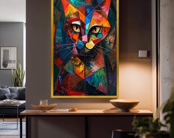 Bright Abstract Cat Wall Art in Colorful Cubist Style, Modern Geometric Canvas Print for Artistic and Fun Home Decoration