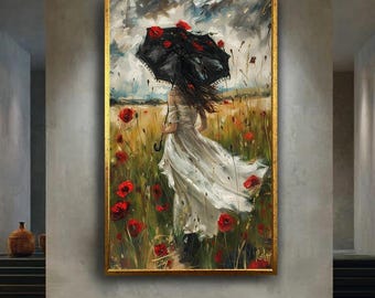 Romantic Woman in White Dress with Umbrella Canvas Print, Poppy Field Canvas Art with Oil Painting Effect for Elegant and Scenic Home Decor