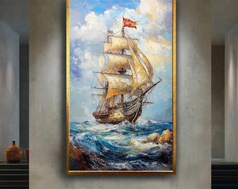 Vintage Tall Ship Sailing in Stormy Ocean – Nautical Wall Art Print With Dramatic Waves and Sky in Classic Maritime Style Painting