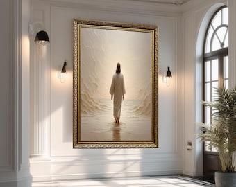 Jesus Walking on Water Canvas Wall Art – Peaceful Christian Poster with Ocean and Light, Minimalist Spiritual Artwork for Faithful Homes