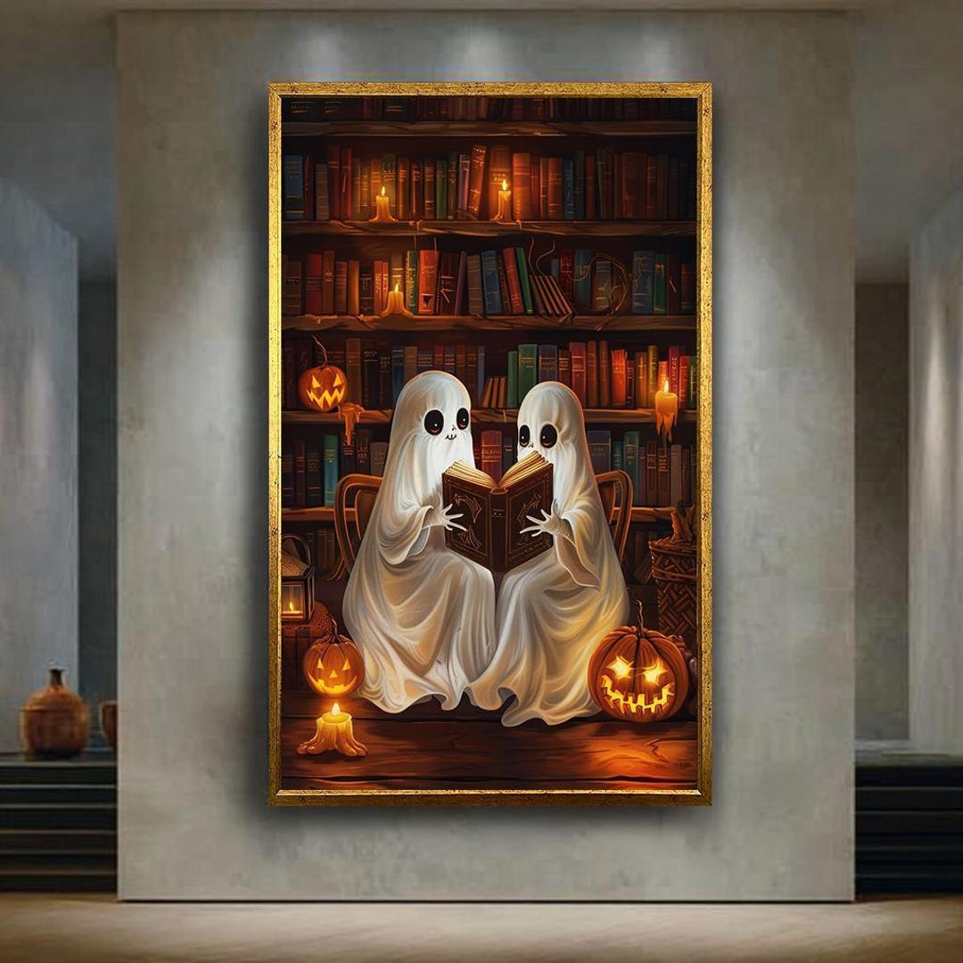 Adorable Ghosts Reading Wall Art Cozy Halloween Library Scene With ...