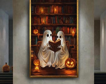 Adorable Ghosts Reading Wall Art Cozy Halloween Library Scene with Pumpkins Cute Spooky Artwork Autumn Candle Decor