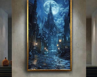 Gothic Fantasy Castle Wall Art Moonlit Night Canvas Print Dark City Architecture Poster for Home Decor or Halloween Gift Idea