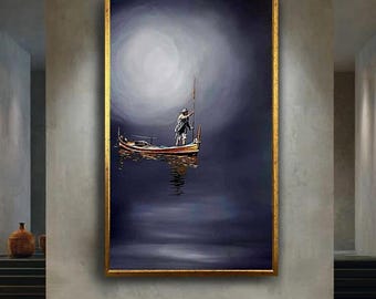 Lonely Fisherman on Moonlit Boat Wall Art Print – Minimalist Night Sea Print, Serene Nautical Decor, Peaceful Canvas Art