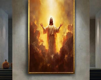 Jesus Ascending Canvas Print – Glorious Christian Wall Art with Golden Heavenly Light for Prayer Room, Easter Gift or Faith Based Decor