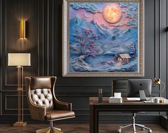 Fantasy Winter Moon Canvas Wall Art – Landscape Print with Glowing Full Moon, Cozy Cabin and Snowy Mountains in Dreamy Pastels