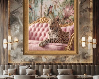Luxury Leopard Canvas Wall Art with Vintage Pink Sofa and Tropical Jungle Birds – Exotic Animal Print for Eclectic Home Decor