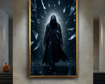 Dark Hooded Figure Fantasy Wall Art | Gothic Shadow Warrior Canvas Print | Mysterious Dark Aesthetic Poster for Home or Studio