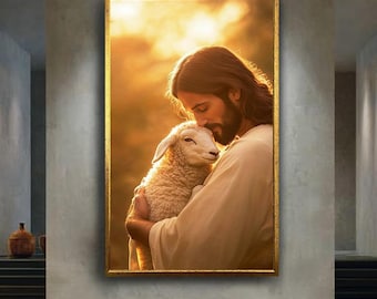 Jesus Holding Lamb Canvas Wall Art, Gentle Shepherd Christian Print, Religious Artwork for Faithful Home or Church Decor
