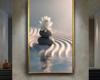 Zen White Lotus Flower Wall Art Print – Minimalist Sand Garden with Stones Canvas – Spa Meditation Poster – Peaceful Home Decor
