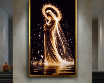 Divine Virgin Mary Canvas Wall Art, Holy Prayer with Golden Halo Print, Sacred Christian Spiritual Artwork for Faith Inspired Home Decor