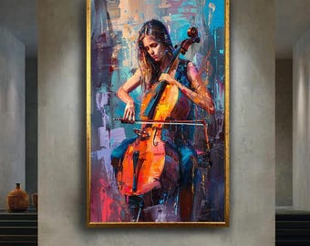 Cello Player Woman Canvas Wall Art, Colorful Abstract Music Artwork for Home Decor, Gift for Musicians and Art Enthusiasts