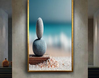 Minimal Zen Beach Canvas Wall Art with Balanced Stones on Sand – Calm Ocean Print for Spa, Coastal or Meditation Room Decor