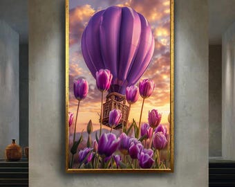 Purple Hot Air Balloon over Tulip Field Canvas Print, Colorful Sunset Floral Travel Scene Canvas Art for Romantic and Scenic Home Decor