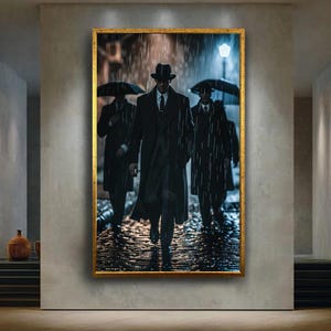 Mafia Walking in the Rain Canvas Print, Noir Gangster Wall Art, Cinematic Crime Street Scene, Vintage Mob Style Decor