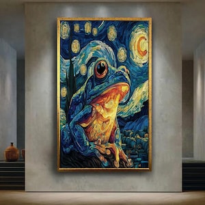 Starry Night Frog Canvas Wall Art – Van Gogh Inspired Whimsical Animal Print – Vibrant Fantasy Frog Artwork for Colorful Home Decor