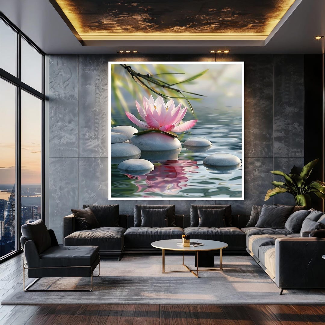 Pink Lotus Flower Wall Art Print, Zen Stone and Water Reflection Decor ...