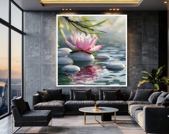 Pink Lotus Flower Wall Art Print, Zen Stone and Water Reflection Decor, Peaceful Floral Photography for Spa, Meditation or Yoga Rooms