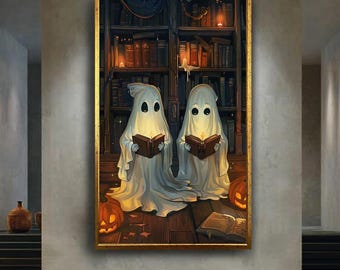 Cute Ghosts Reading Wall Art Cozy Halloween Library Scene with Pumpkins Whimsical Spooky Artwork Autumn Candle Decor
