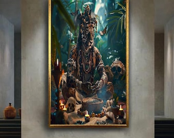 Jaguar Shaman Jungle Canvas Wall Art in Tribal Ritual Setting – Mystical Spirit Animal Print for Boho or Ethnic Fantasy Decor