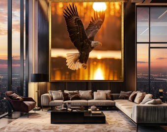 Majestic Bald Eagle Flying Over Lake at Sunset Wall Art Print, Powerful Wildlife Photography Decor for Office or Patriotic Home Theme