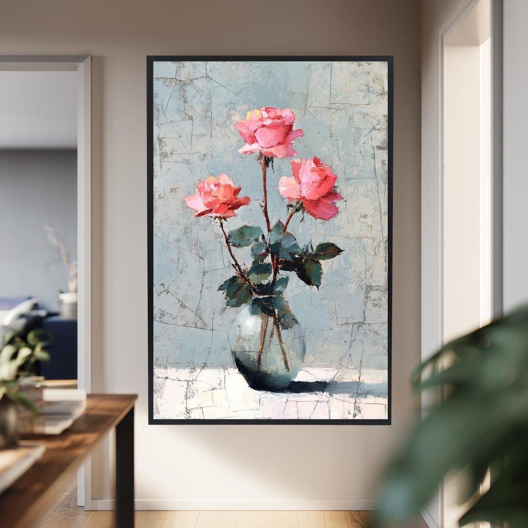 Romantic Pink Rose Wall Art Oil Painting Style Floral Vase Print ...