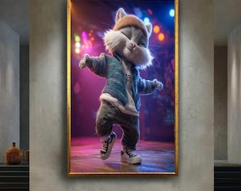 Dancing Cool Cat Canvas Wall Art – Cute Anthropomorphic Kitten in Streetwear Outfit with Colorful Stage Lights for Fun Decor