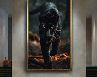 Black Panther Canvas Wall Art – Fierce Jungle Predator with Golden Eyes, Exotic Wild Cat Animal Print, Wildlife Home Decor for Living Room