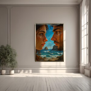 Romantic Couple Face To Face By Ocean Digital Art Emotional Sea View Poster Love And Nature Wall Print For Bedroom Or Anniversary Gift