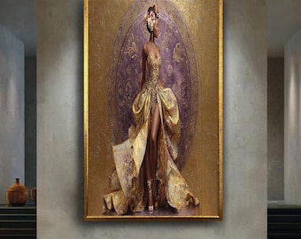 Luxury African Woman Canvas Wall Art with Gold and Purple Gown, Floral Crown Glamour Portrait Elegant Fashion Home Decoration